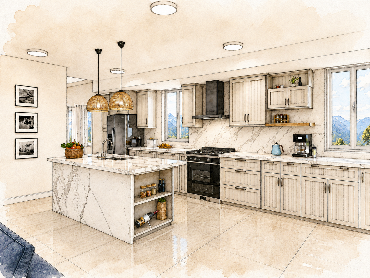 Open kitchen design for Pacific Palisades rebuild home by WM Architects